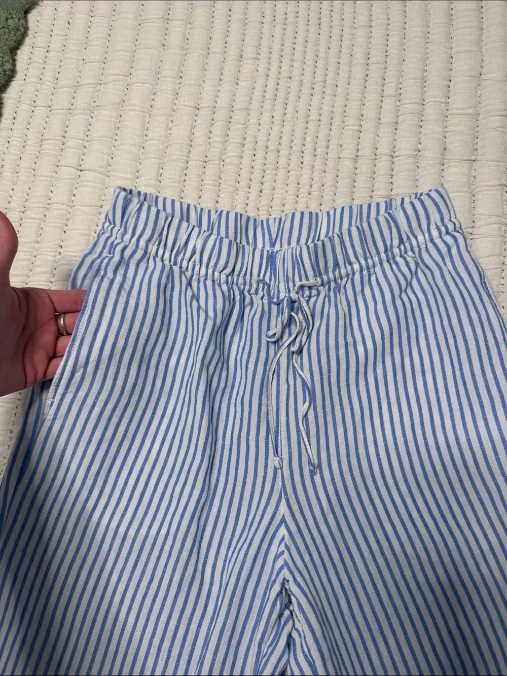 Linen Light Blue & White Striped Wide-Leg Pants